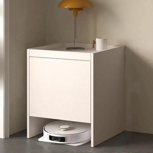 Moderner Staubsauger-Roboter-Schrank mit Türen und Schubladen, Holz Beistelltisch, Freistehendes Regal für Zuhause oder Büro, Weiß, 65 cm