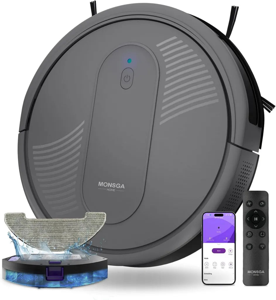 Intelligenter Staubsaugerroboter mit Wischfunktion, 4000PA, 3-in-1, 140 min Laufzeit, geeignet für Tierhaare und Teppiche, App-Steuerung, dunkelgrau