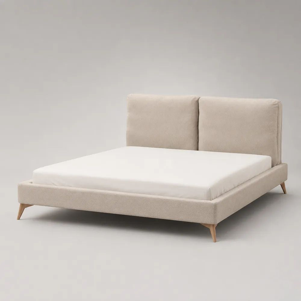 Polsterbett Doppelbett mit gepolstertem Kopfteil aus Polyester-Chenille und Massivholz, Beige/Natur, Liegefläche 180 x 200 cm