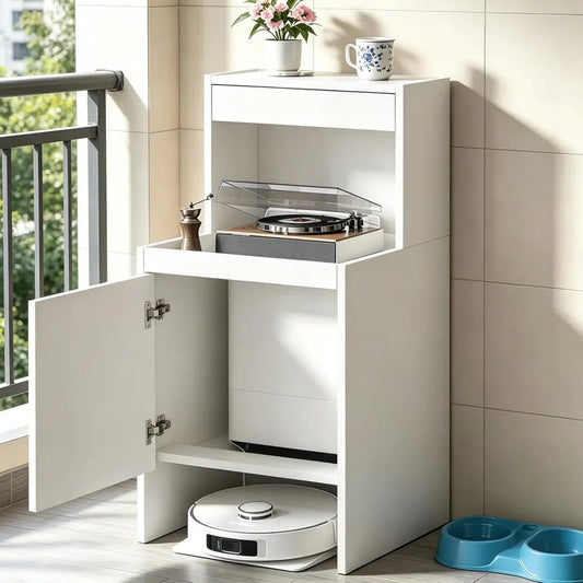 Multifunktionaler Holzschrank für Saugroboter mit Ausziehplattform, Stauraum und Schublade, ideal für Wohnzimmer und Schlafzimmer