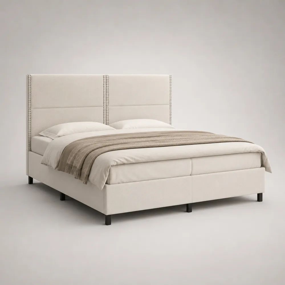 Polsterbett Doppelbett 180 x 200 cm, Gesamtmaß 193 x 215 x 125 cm, Stoff in Creme, hohes Kopfteil mit Ziernagelbesatz