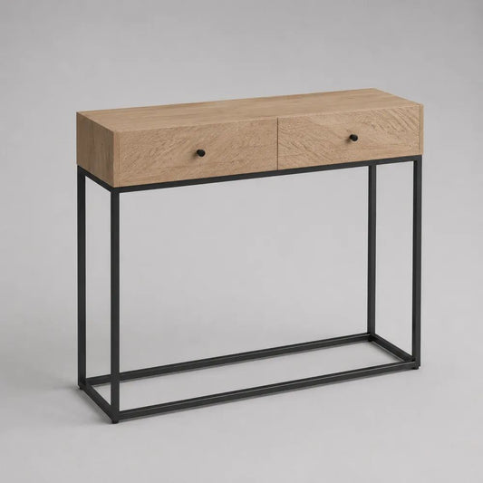 Konsolentisch mit 2 Schubladen aus MDF mit Eichenfurnier und Stahl, Eiche Natur/Schwarz, 100 × 30 × 80 cm