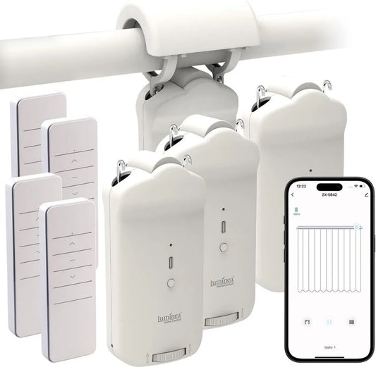 Luminea Smarter Vorhangmotor Set: 4er Bluetooth-Vorhangöffner mit Akku und App-Steuerung