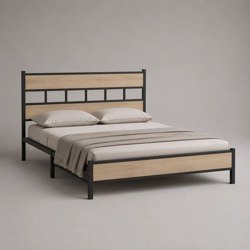 Doppelbettgestell 140 × 200 cm aus pulverbeschichtetem Stahl und Spanplatte, Schwarz/Eiche Natur