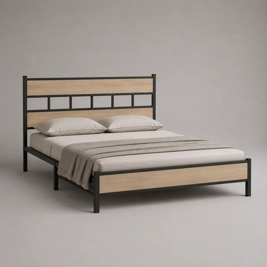 Doppelbettgestell 140 × 200 cm aus pulverbeschichtetem Stahl und Spanplatte, Schwarz/Eiche Natur