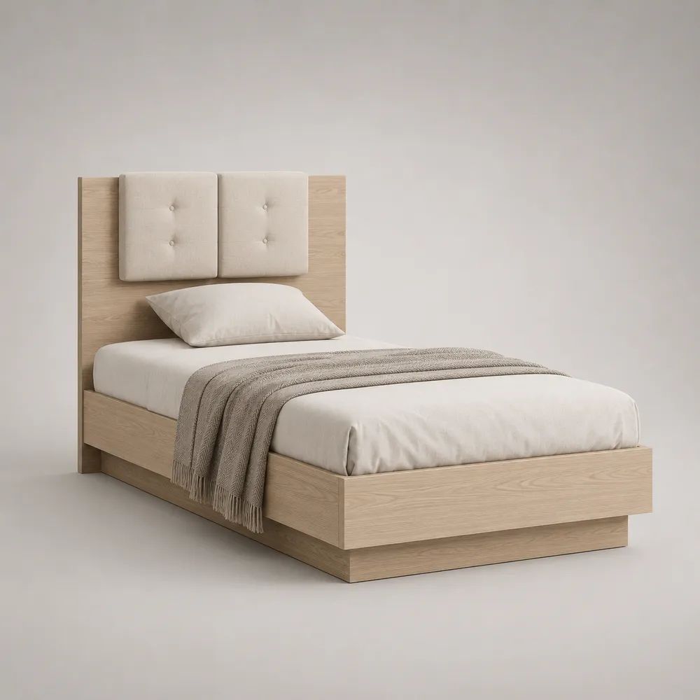 Einzelbett aus Spanplatte mit Eichedekor und gepolstertem Kopfteil, Natur/Beige, 90 × 200 cm