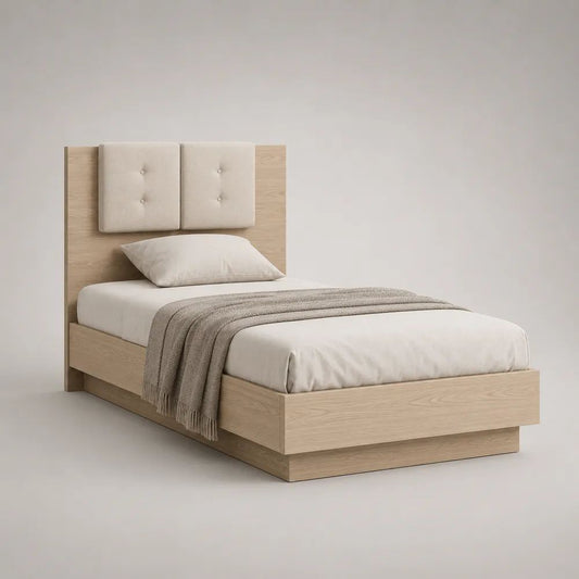 Einzelbett aus Spanplatte mit Eichedekor und gepolstertem Kopfteil, Natur/Beige, 90 × 200 cm