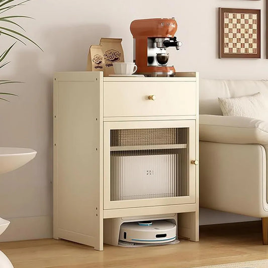 Rustikaler Staubsaugerroboterschrank mit Rädern und Türen, mobiler Beistelltisch für Wohnzimmer und Home Office, platzsparend (Beige)