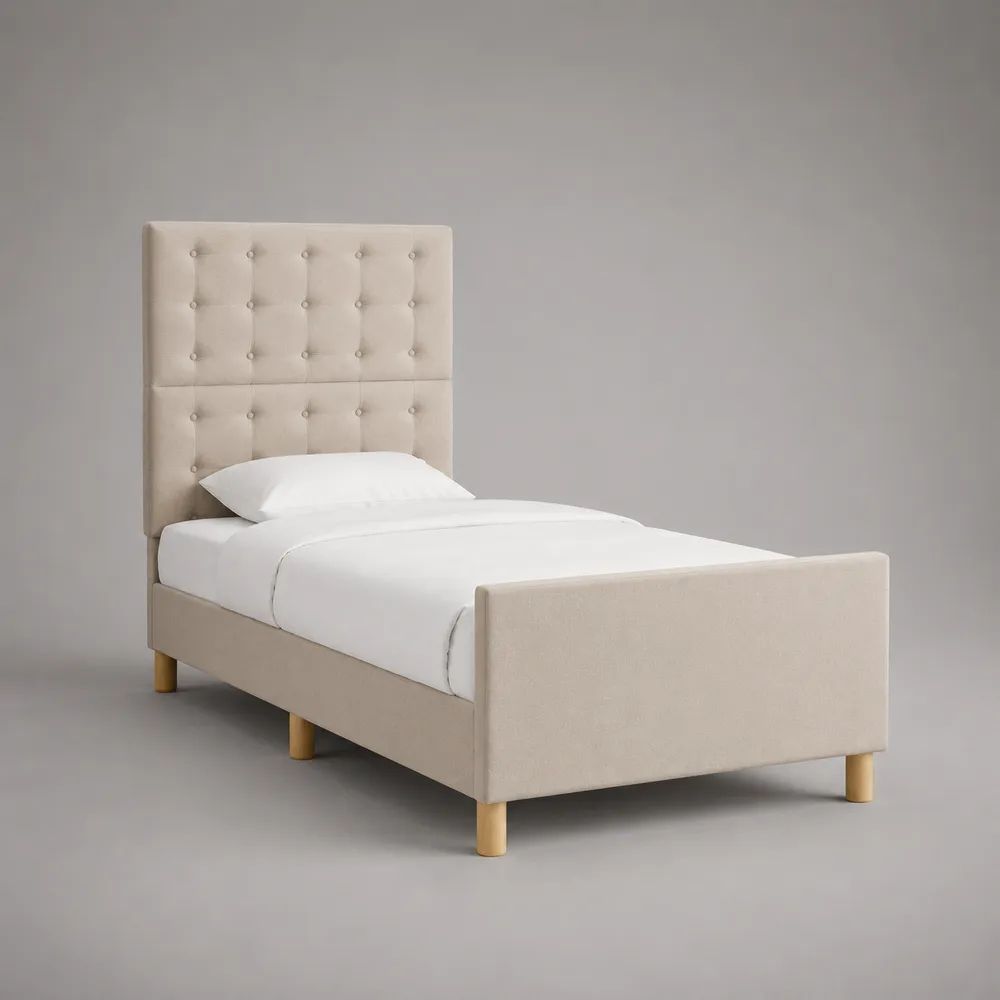 Polsterbett Einzelbett mit hohem Kopfteil aus Polyester und Kiefernholz, Beige/Natur, 100 x 212 x 130 cm, Liegefläche 90 x 200 cm