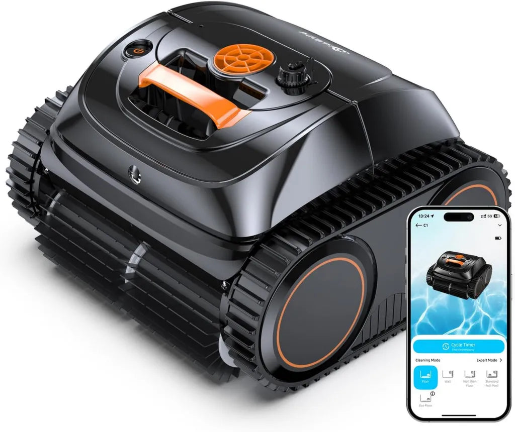 Winny C1 Akku-Poolroboter für Boden und Wände, kabellos, 150 min Laufzeit, App-Steuerung, selbstparkend, für Einbau- und Aufstellpools, Schwarz-Orange