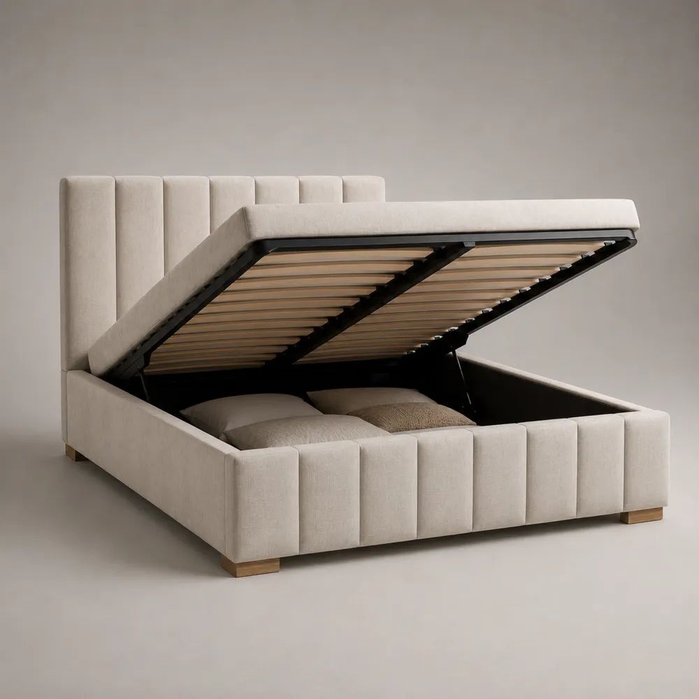 Stauraumbett 160 x 200 cm mit Bettkasten, Lattenrost und Polyesterbezug, Beige, Gesamtmaß 180 x 218 x 120 cm