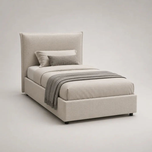 Stauraum-Polsterbett 90 × 200 cm mit Bettkasten, Lattenrost und Stoffbezug, Beige/Schwarz