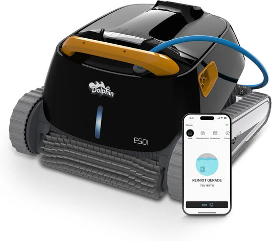 Dolphin E50i Intelligenter Poolroboter für umfassende Reinigung mit App-Steuerung, geeignet für eingelassene Pools bis 15 m