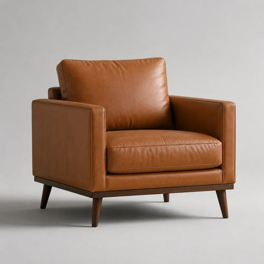 Polstersessel aus cognacbraunem PU-Kunstleder mit Massivholzgestell, 92 × 86 × 84 cm