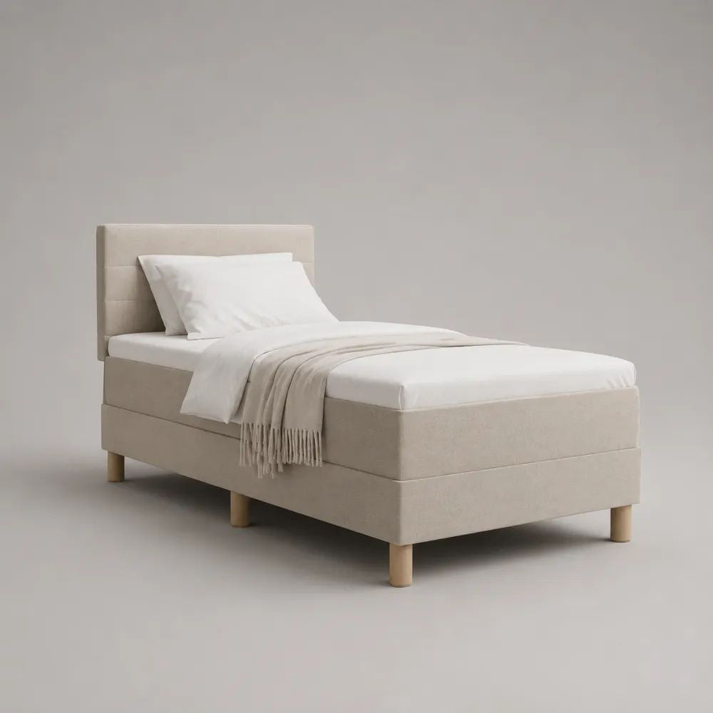 Boxspringbett-Einzelbett-Set mit Matratze und Stoffbezug, Beige/Natur, 90 x 200 cm