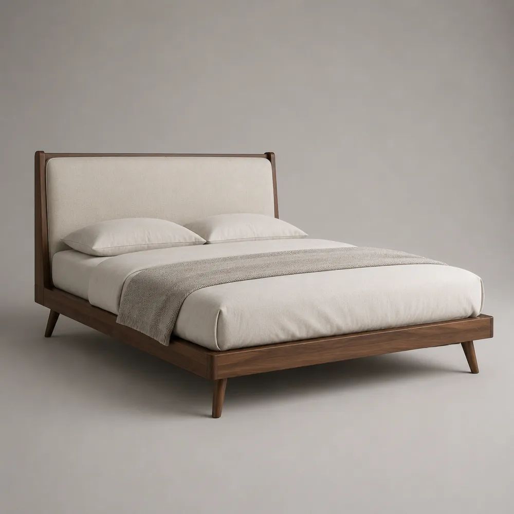Doppelbett aus Massivholz mit gepolstertem Kopfteil, Cremeweiß/Walnussbraun, Liegefläche 160 x 200 cm, Gesamtmaß 170 x 215 x 112 cm