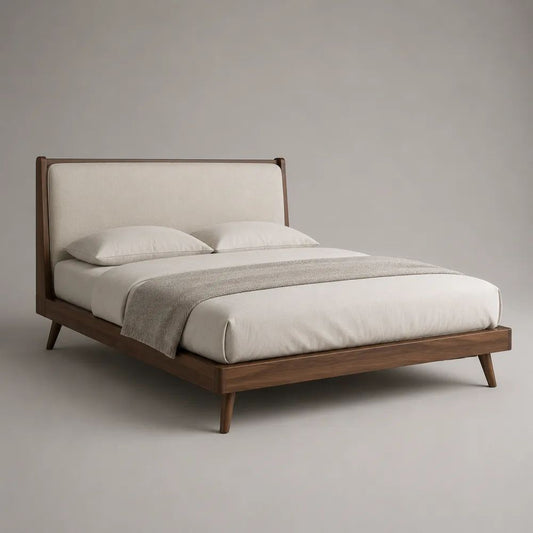 Doppelbett aus Massivholz mit gepolstertem Kopfteil, Cremeweiß/Walnussbraun, Liegefläche 160 x 200 cm, Gesamtmaß 170 x 215 x 112 cm