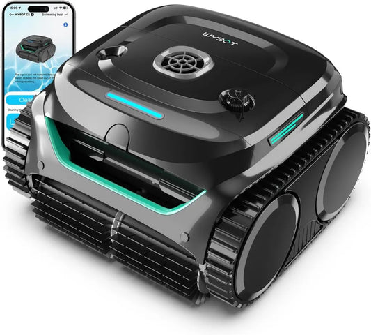 Akkubetriebener WYBOT C2 Poolroboter mit Wandkletterfunktion, Dreifachmotor und Doppelter Filtration, 180 Min Laufzeit, geeignet für Einbaupools bis 150 m², App-gesteuert (Dunkelschwarzgrün-Grau)