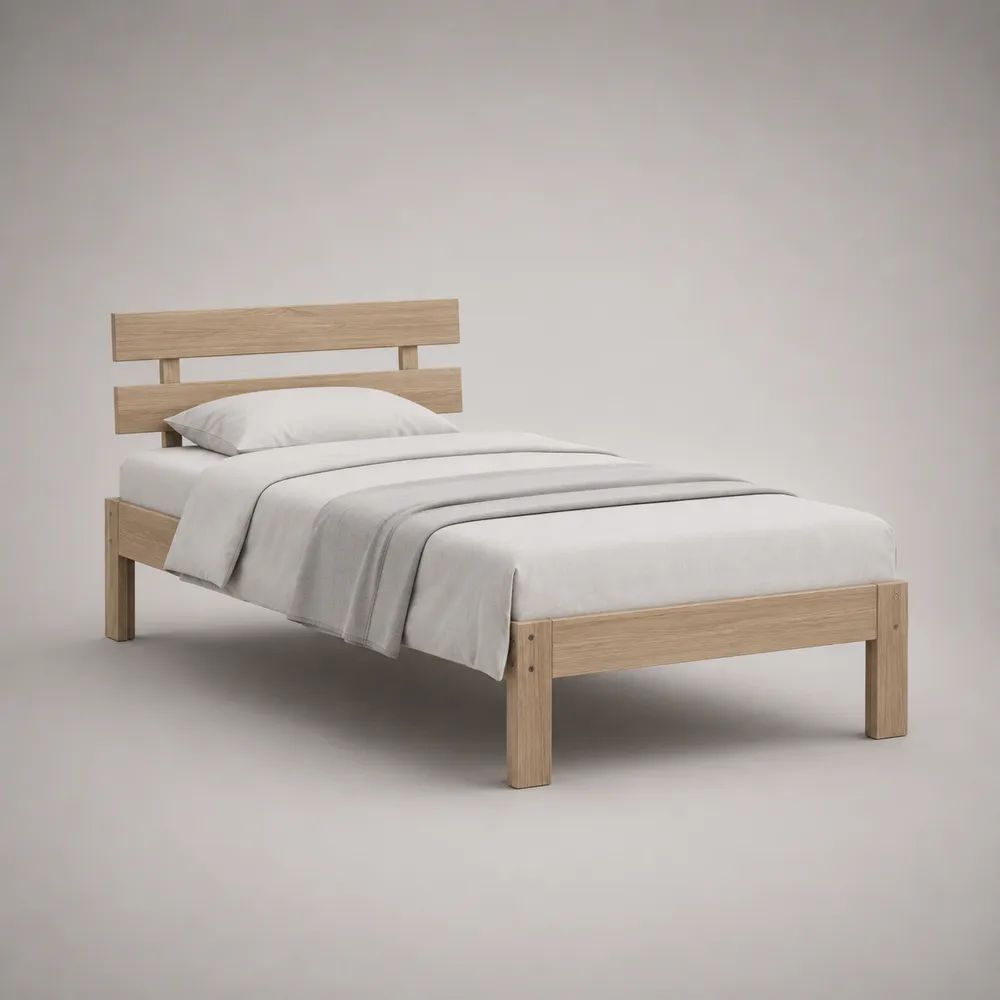 Einzelbett aus massivem Eichenholz, Liegefläche 90 × 200 cm, Gesamtmaß 209 × 99 × 100 cm, Naturbeige