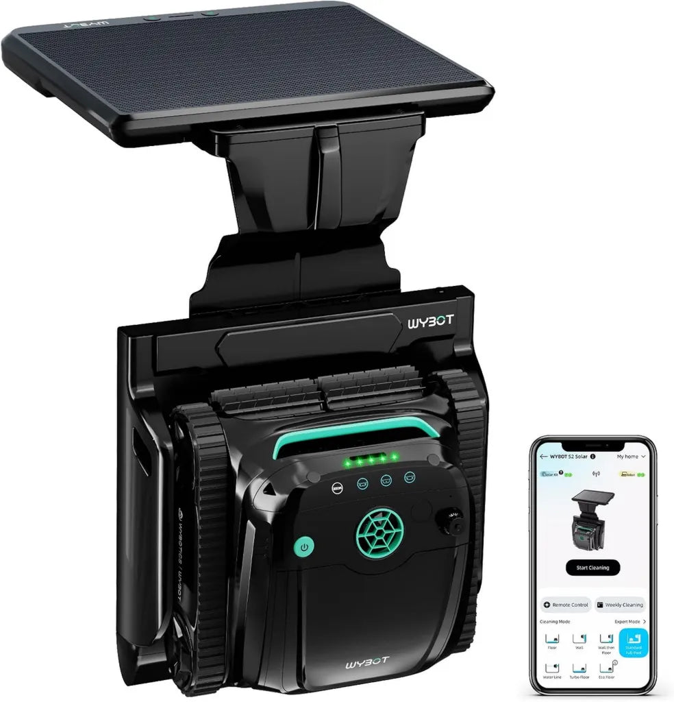 WYBOT S2 Solar-Poolreiniger für Innenpools, 7 Modi, automatische Rückkehr & Aufladung, 2,5 Stunden Laufzeit, Dual-Filtersystem, App-Kontrolle, 300 m² Abdeckung (Schwarz)