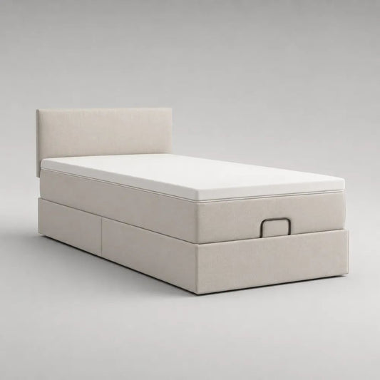Stauraumbett-Komplettset 120 × 200 cm mit Matratze und Topper, Polyesterbezug, Cremeweiß